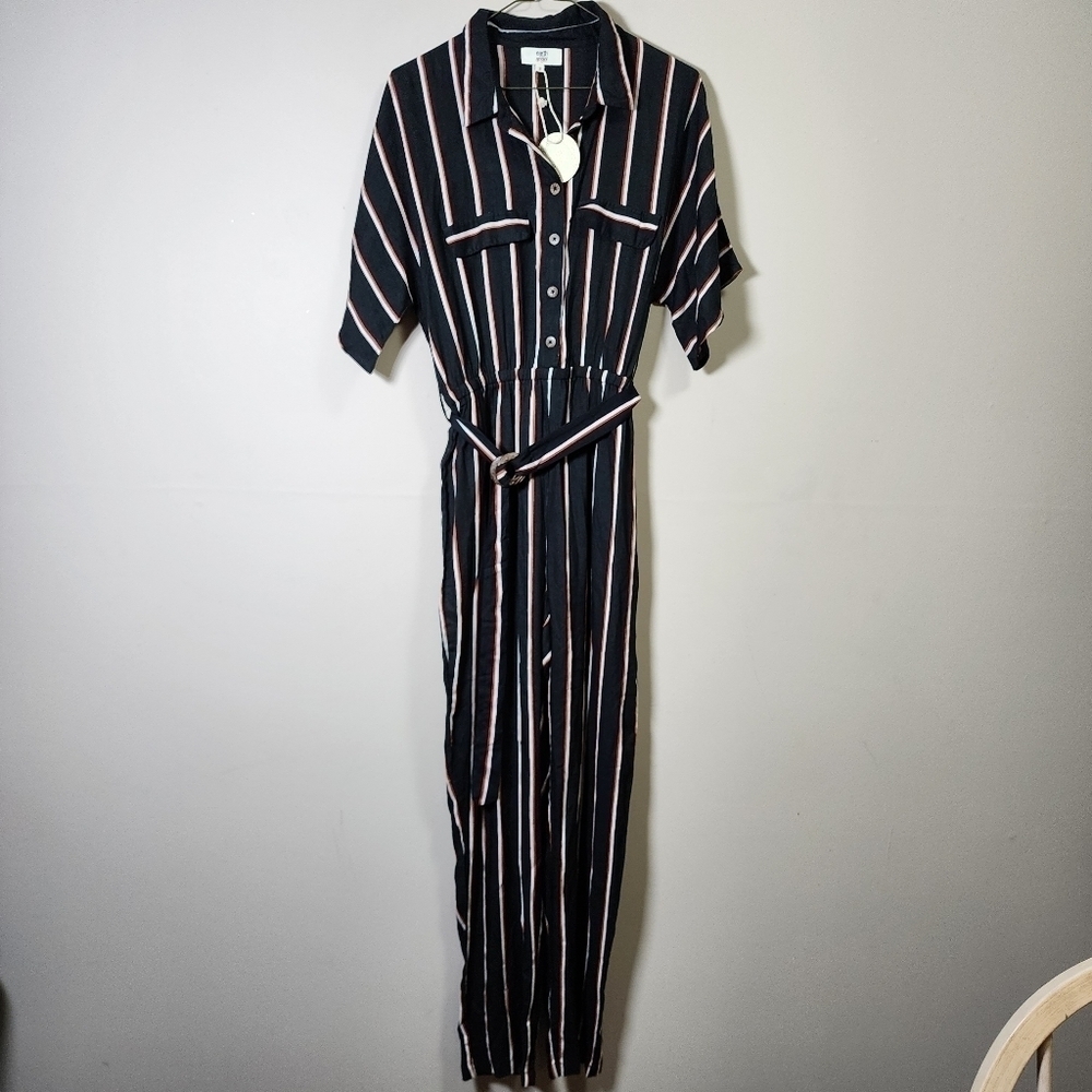 Earth angel striped wide leg jumpsuit with belt color black size small